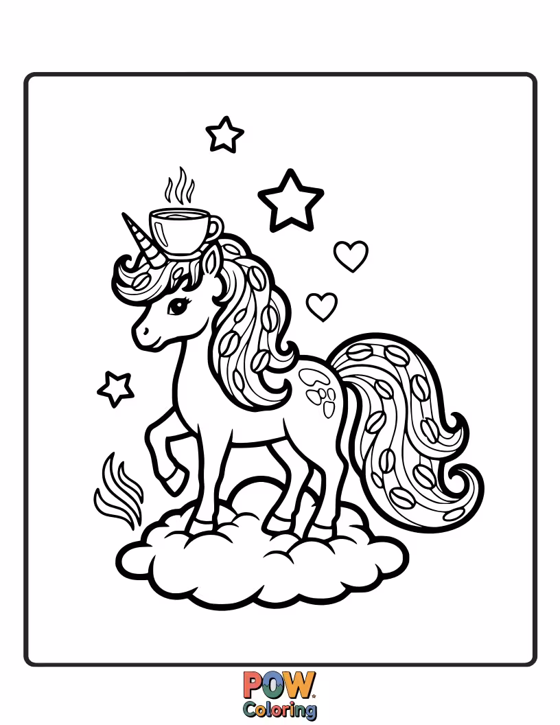 Free coloring page of A magical unicorn with a coffee horn, sprinkling glitter on a steaming latte.