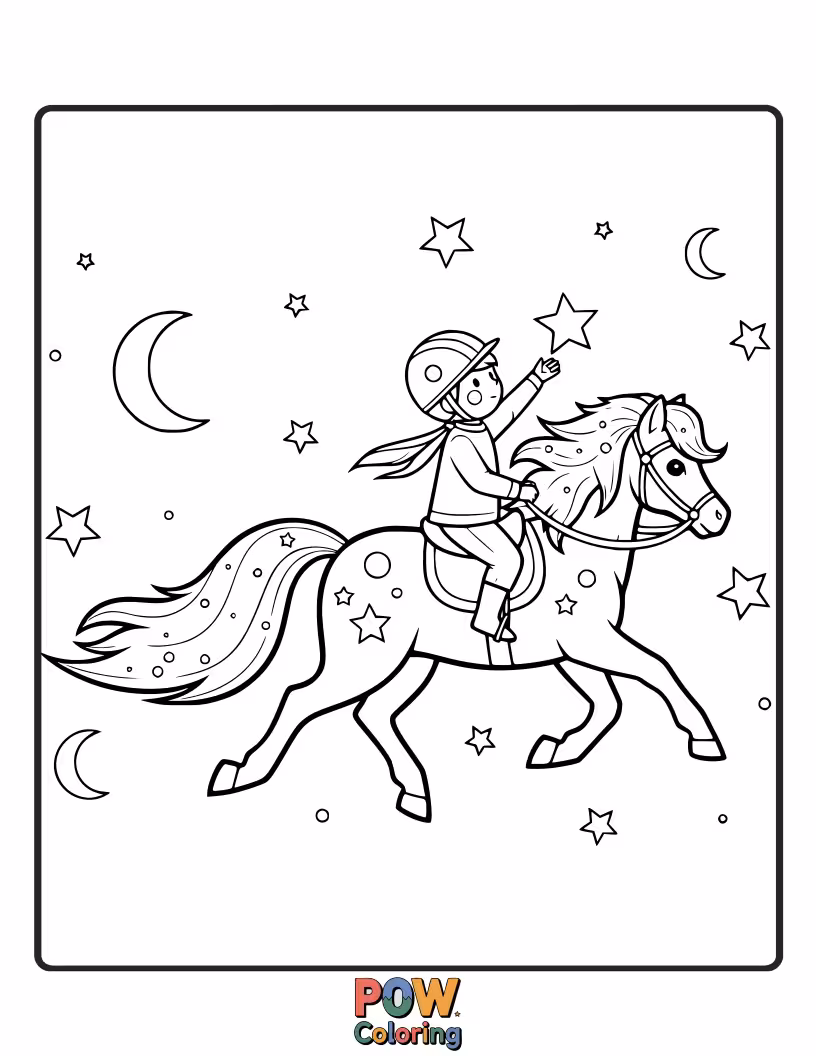 Free coloring page of A tiny pony wearing a space helmet, riding a friendly shooting star.
