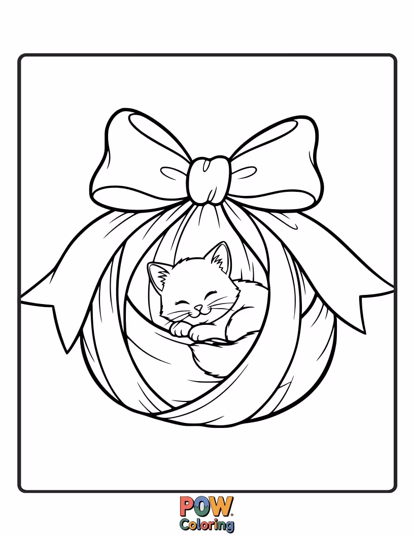 Free coloring page of A sweet bow with a purring kitten nestled within its loops, offering a warm and cuddly coloring experience.