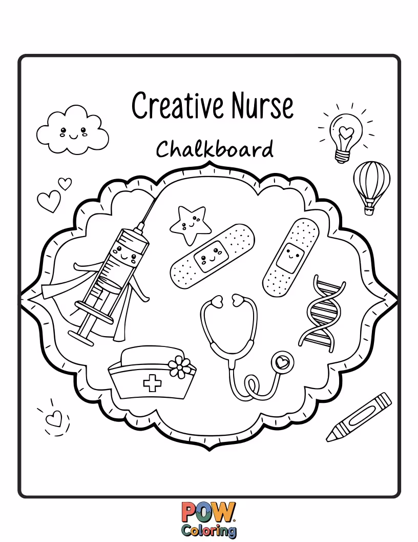 Free coloring page of A teacher-like nurse drawing helpful health tips on a chalkboard, educating her patients with enthusiasm.