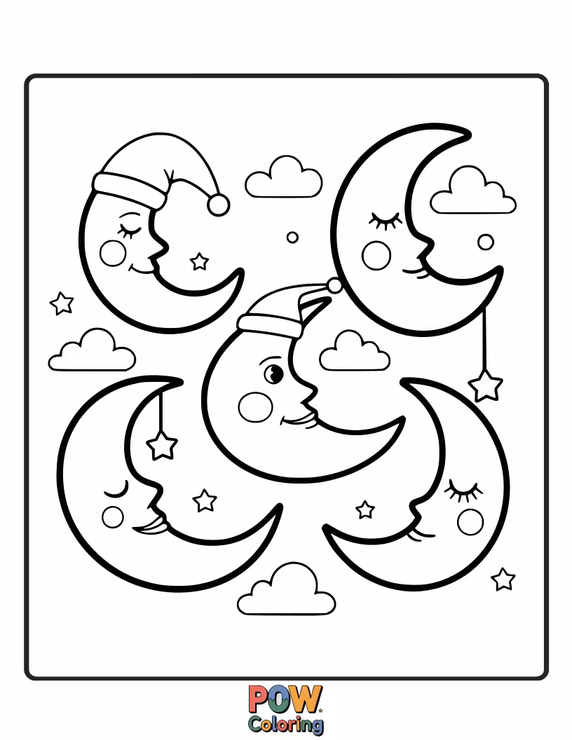 Free coloring page of Color a celestial scene with a beautiful crescent moon and starbursts, exploring curved and pointed forms.