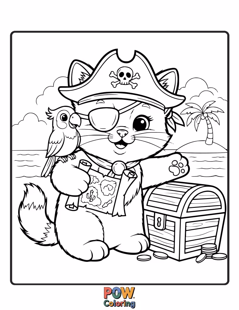 Free coloring page of A tiny, adorable kitten wearing a pirate hat and holding a miniature sword, looking surprisingly brave.