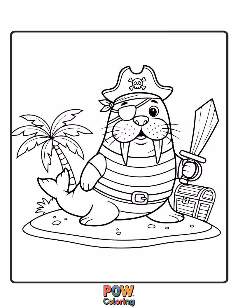 Free coloring page of A large, blubbery pirate walrus with a big smile, holding a fish like a treasure.