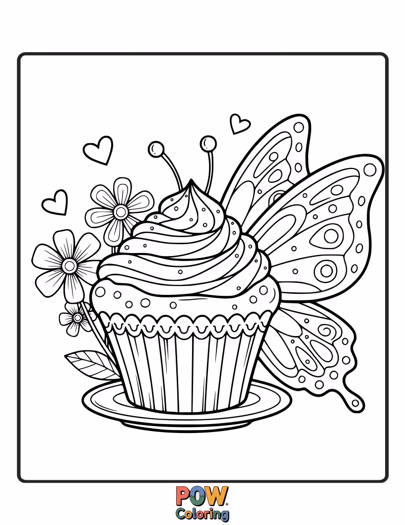 Free coloring page of A sweet butterfly with frosting-swirl wings, perched atop a giant, delicious-looking cupcake. A truly tasty treat!