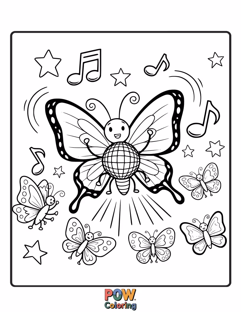 Free coloring page of Groovy butterfly with glitter wings, strutting its stuff on a shimmering disco ball. Get ready to boogie!