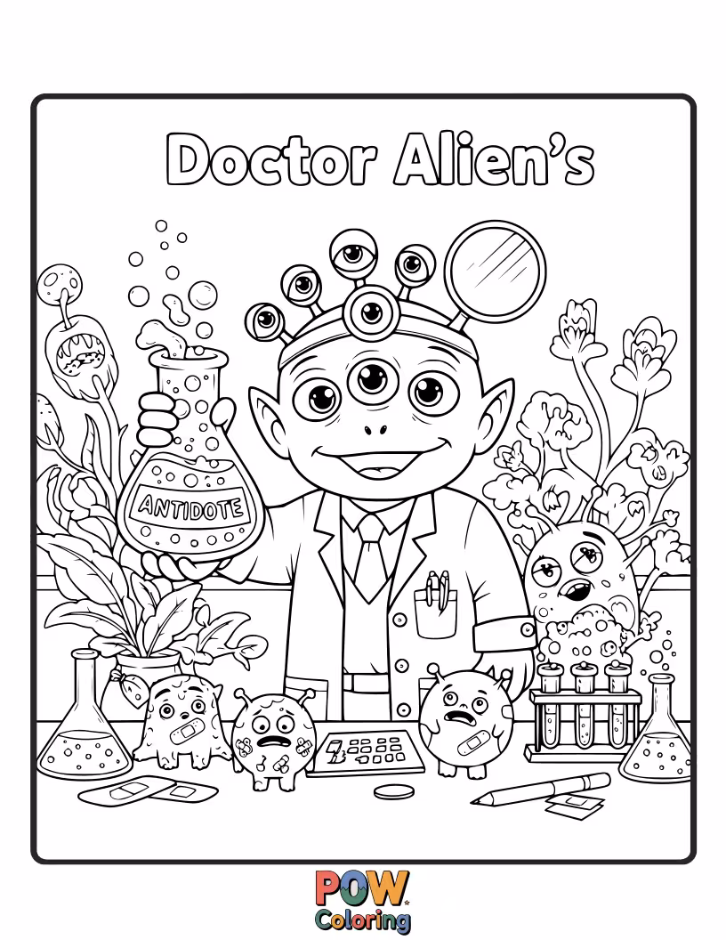 Free coloring page of A quirky alien doctor with multiple arms, preparing a strange but helpful alien remedy.