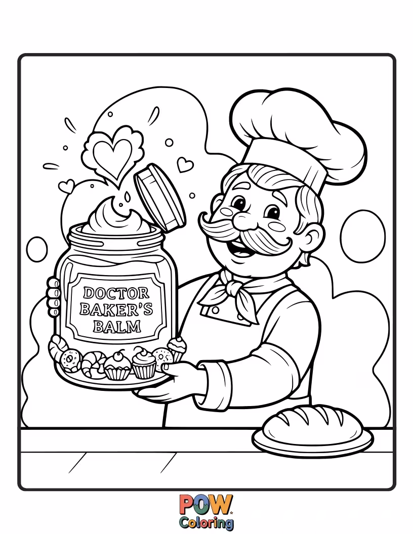 Free coloring page of A baker doctor frosting a special "get well soon" cake.