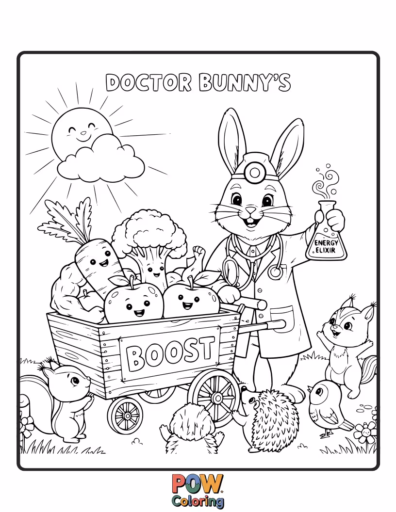 Free coloring page of A fluffy bunny doctor offering a carrot to a little patient, both smiling joyfully.