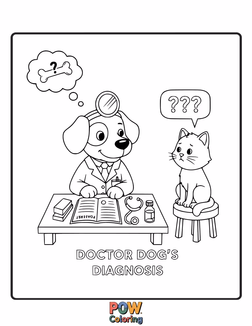 Free coloring page of A happy dog doctor wagging his tail while holding a chart.