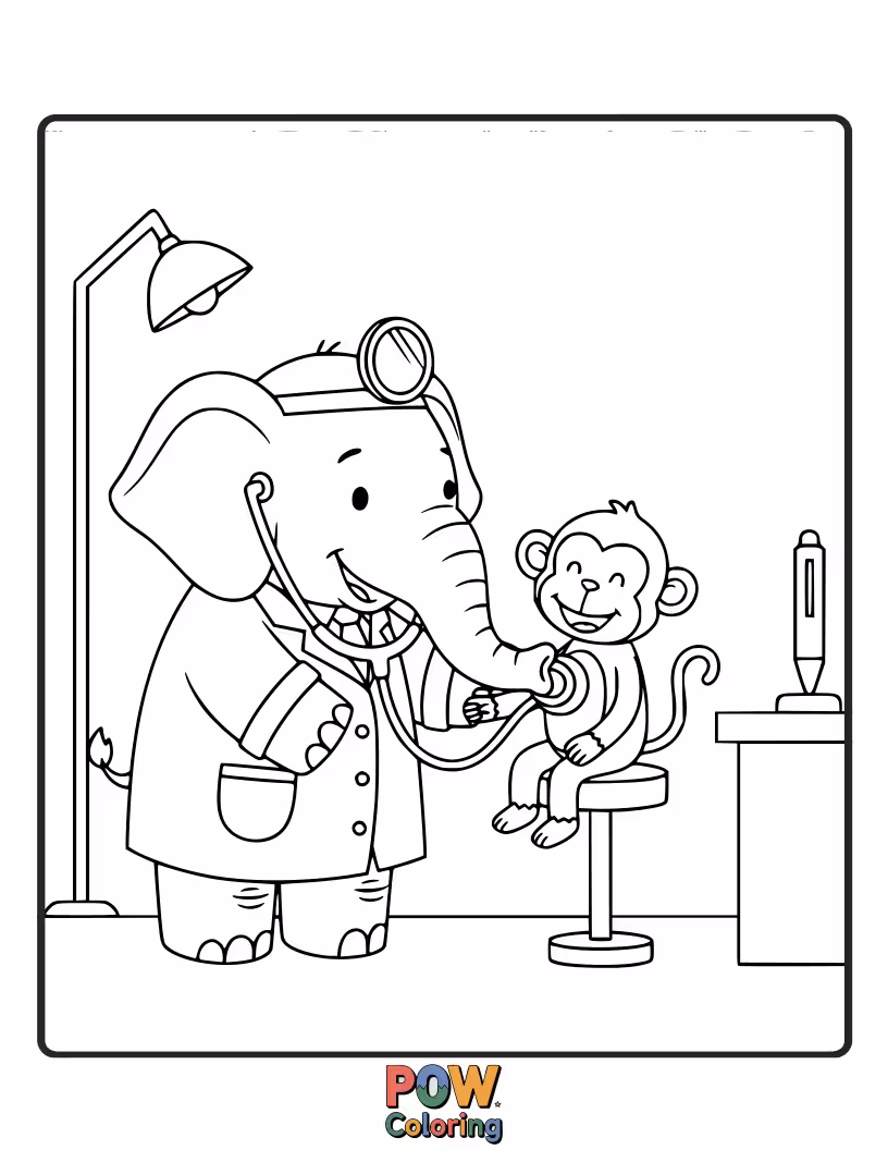 Free coloring page of A gentle giant elephant doctor giving a friendly trunk pat after a check-up.