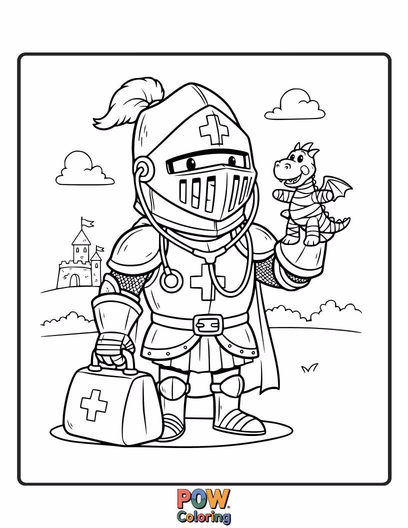 Free coloring page of A brave knight doctor in shining armor, ready to defend against illness.