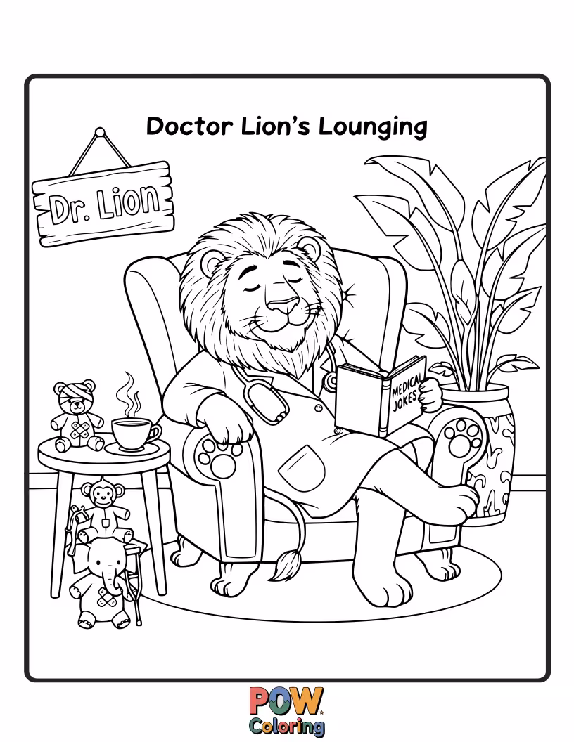 Free coloring page of A majestic lion doctor, surprisingly relaxed, examining a tiny mouse.