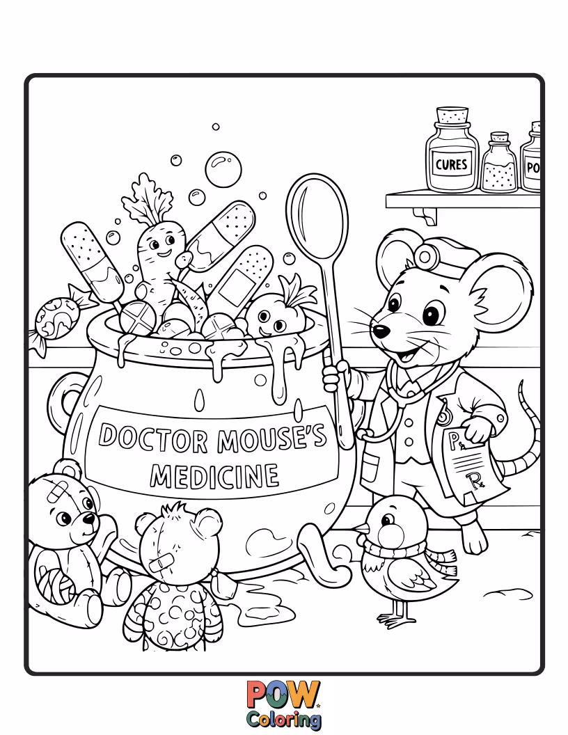 Free coloring page of A tiny mouse doctor meticulously measuring medicine in a thimble.