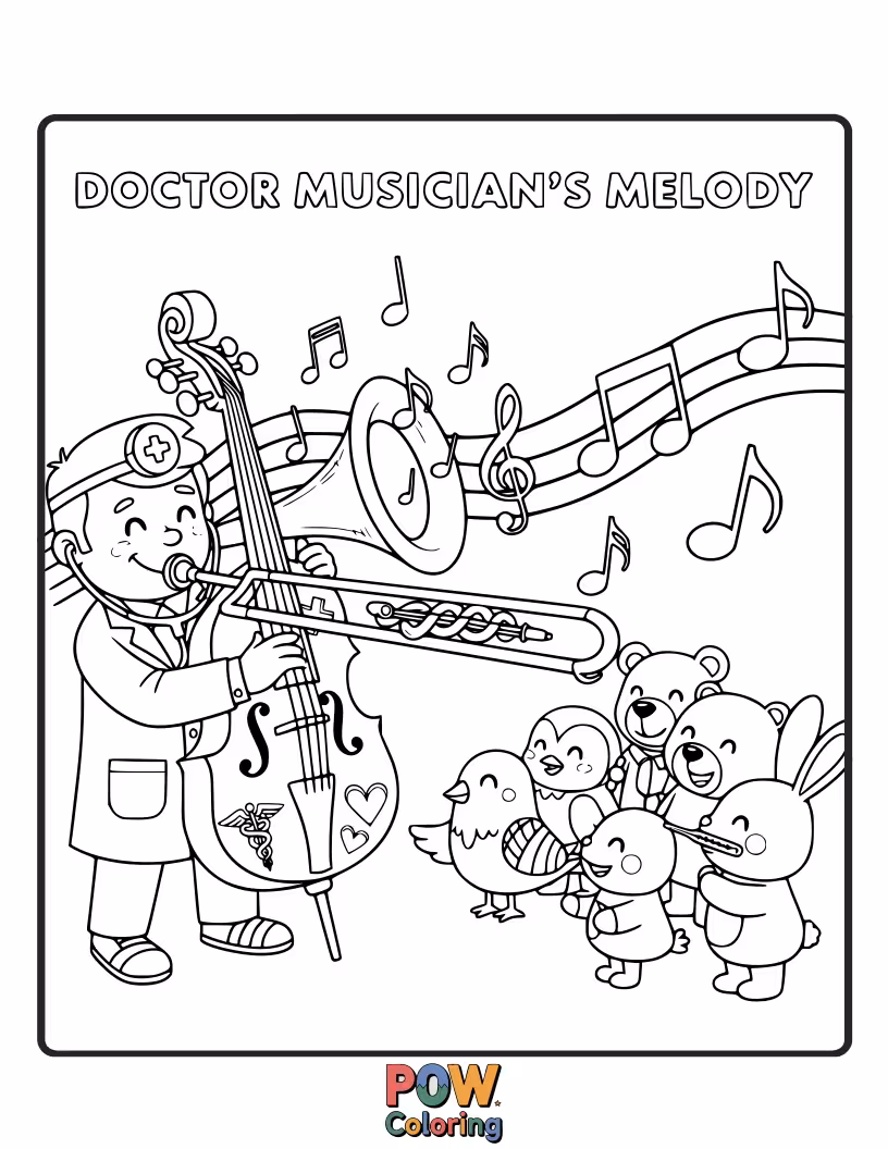 Free coloring page of A musician doctor playing a soothing melody on a violin for a patient.