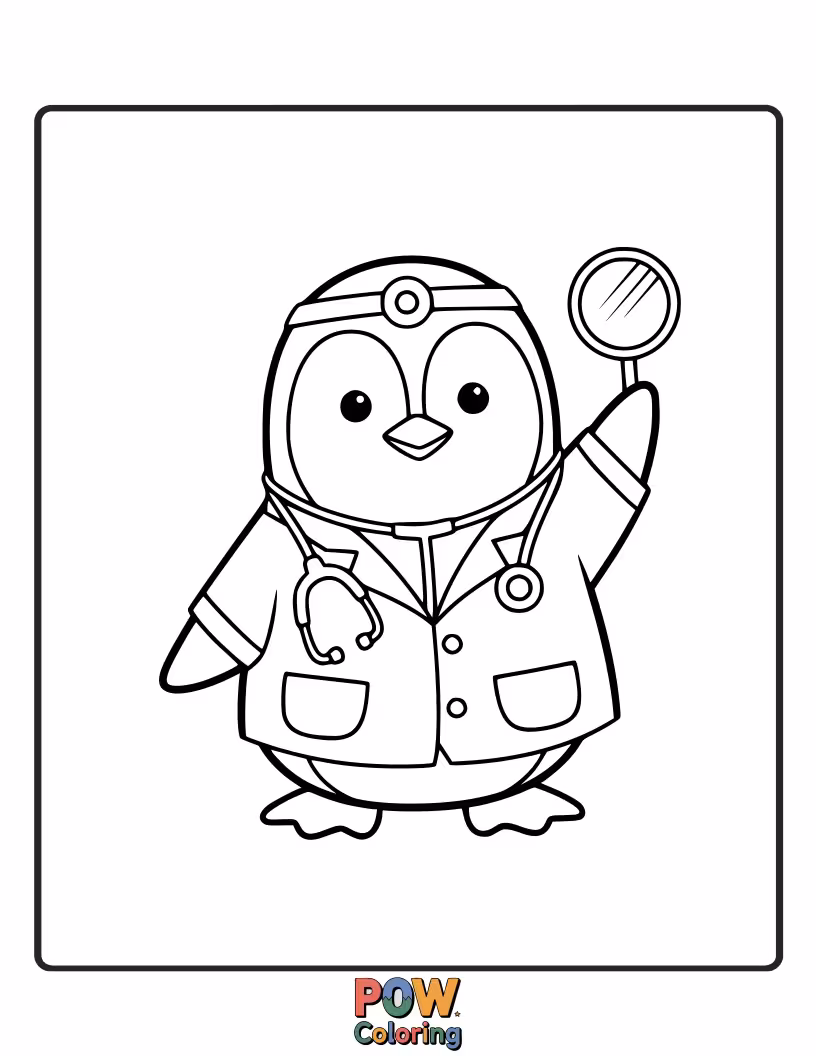 Free coloring page of A dapper penguin doctor wearing a stethoscope, looking ready for a check-up with a friendly smile.
