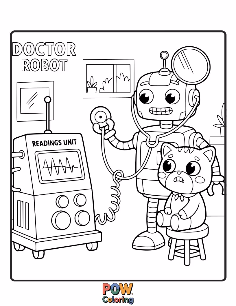 Free coloring page of A friendly robot doctor with blinking lights, taking vital signs with futuristic gadgets.