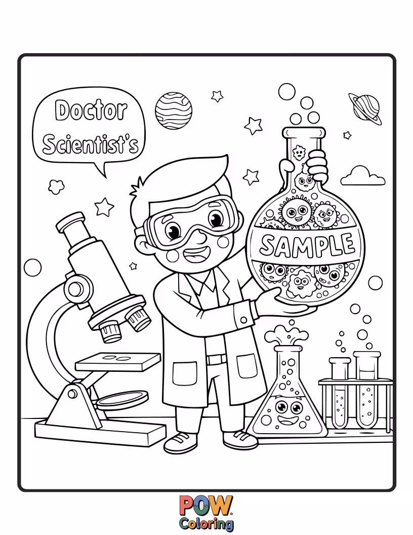 Free coloring page of A scientist doctor in a lab coat, examining a colorful portion.