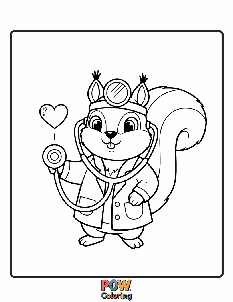 Free coloring page of A busy squirrel doctor using a tiny stethoscope to listen to a nut.