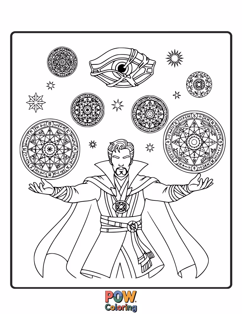 Free coloring page of Visualize the Sorcerer Supreme casting intricate spells, with swirling portals and magical symbols.