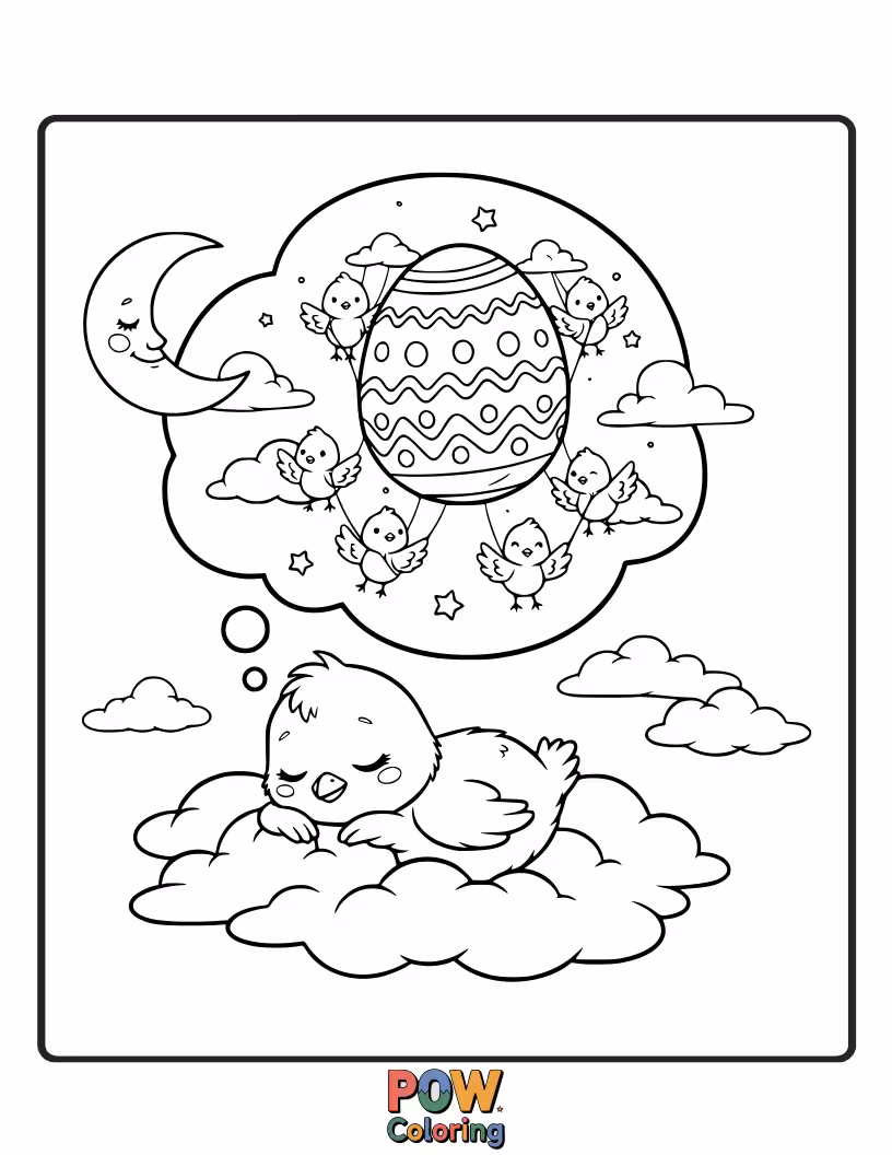 Free coloring page of A tiny, adorable chick dreaming of a rainbow made of colorful Easter eggs.