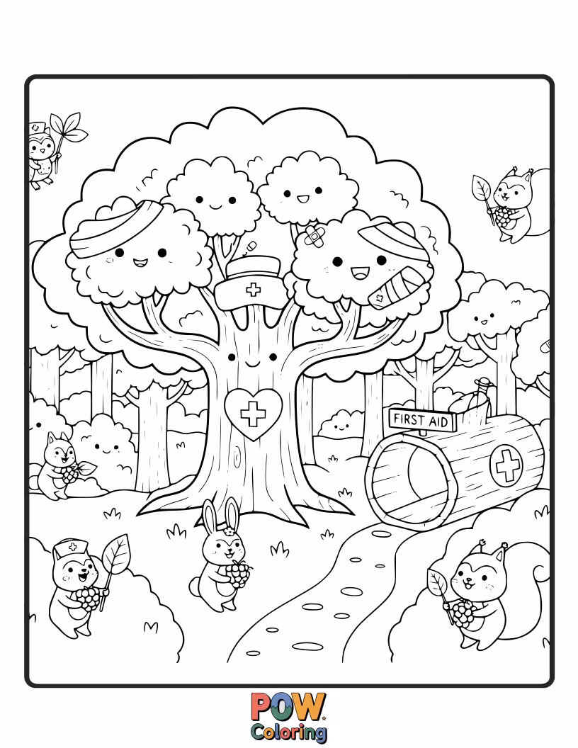 Free coloring page of A magical nurse tending to glowing flora in an enchanted forest, with a watering can filled with healing potions.