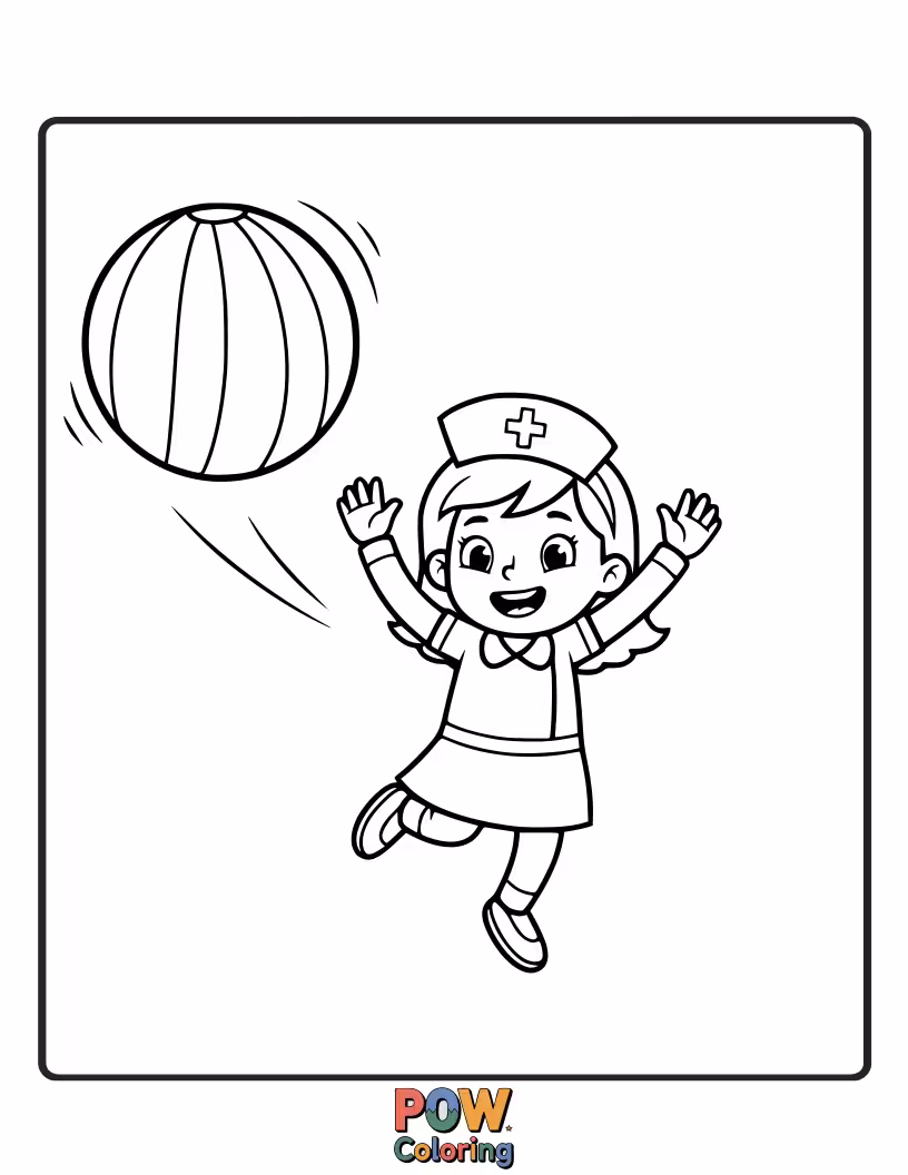 Free coloring page of A lively nurse playing in the bouncing ball with energy, ready to administer quick check-ups and boost spirits with a smile.
