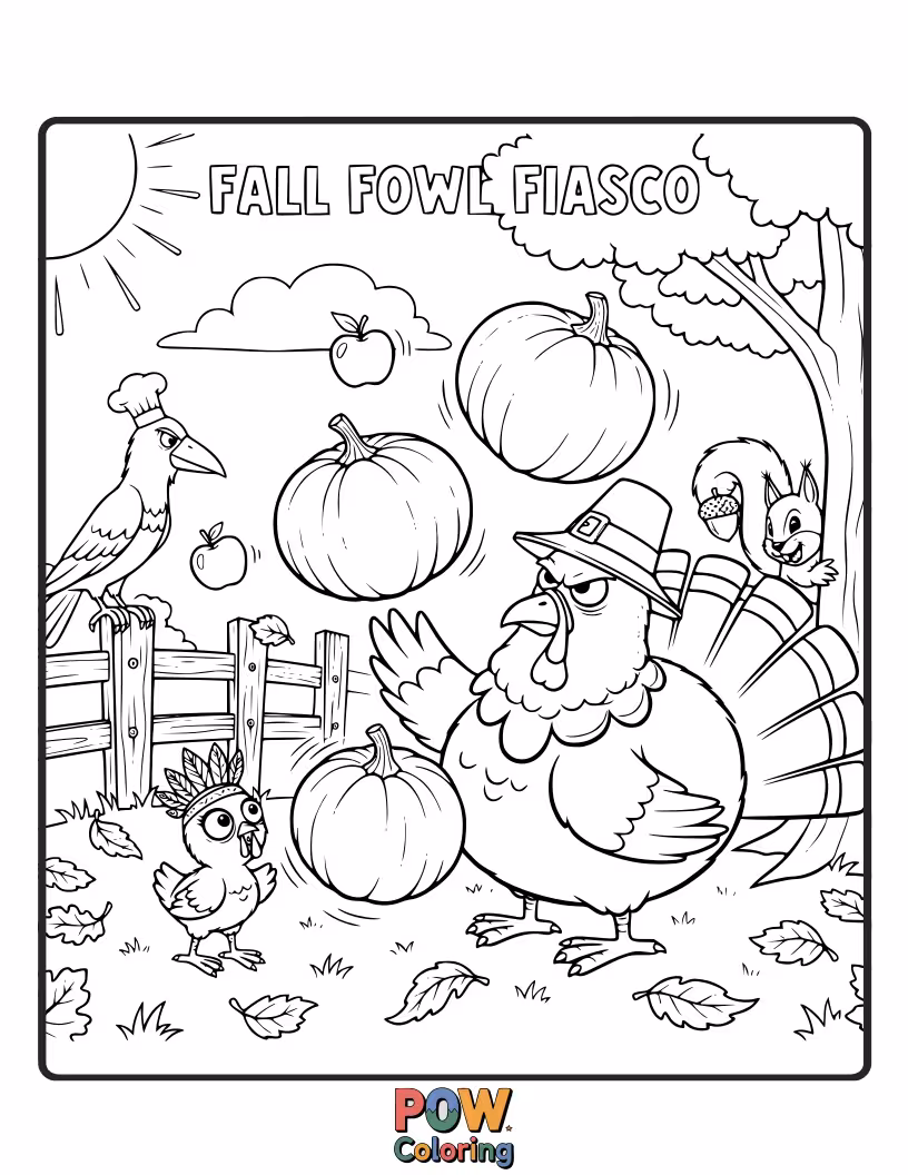 Free coloring page of A confused turkey wearing a tiny pilgrim hat tries to fly south, but keeps bumping into pumpkins.