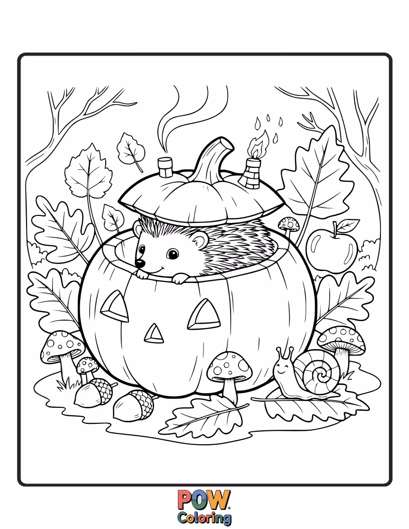 Free coloring page of A hedgehog nestled inside a hollow pumpkin, peeking out with a sleepy smile.