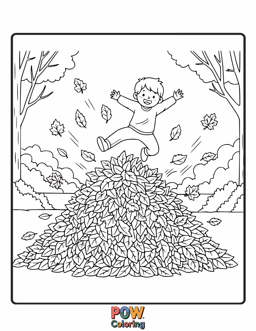 Free coloring page of A playful boy diving headfirst into a giant, fluffy pile of colorful leaves.
