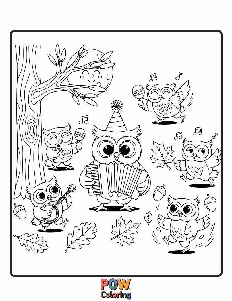 Free coloring page of A group of owls wearing party hats, hooting with laughter on a moonlit night.