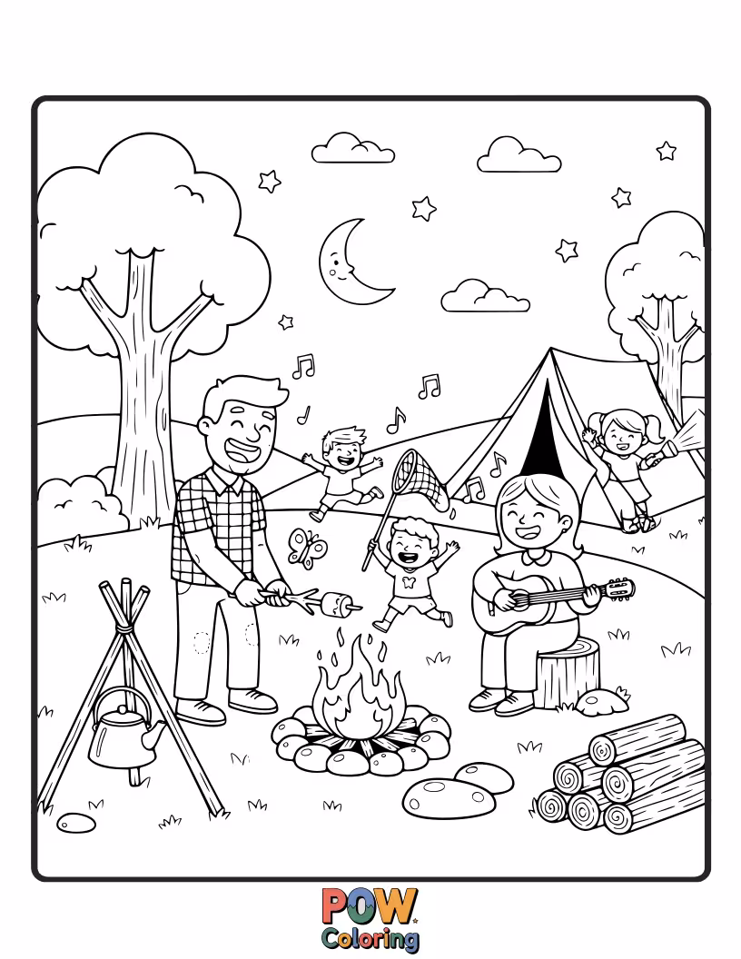 Free coloring page of A family around a campfire, toasting marshmallows and telling funny ghost stories.