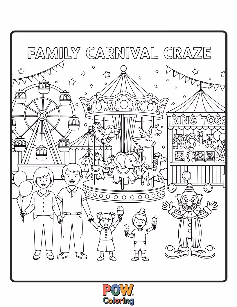 Free coloring page of A thrilled family enjoying a vibrant carnival with silly rides and giant plush toys.