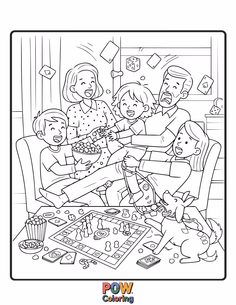 Free coloring page of A chaotic but fun family playing a board game with scattered pieces and laughter.