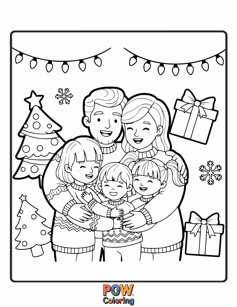 Free coloring page of A heartwarming family exchanging gifts and giving big, happy hugs.