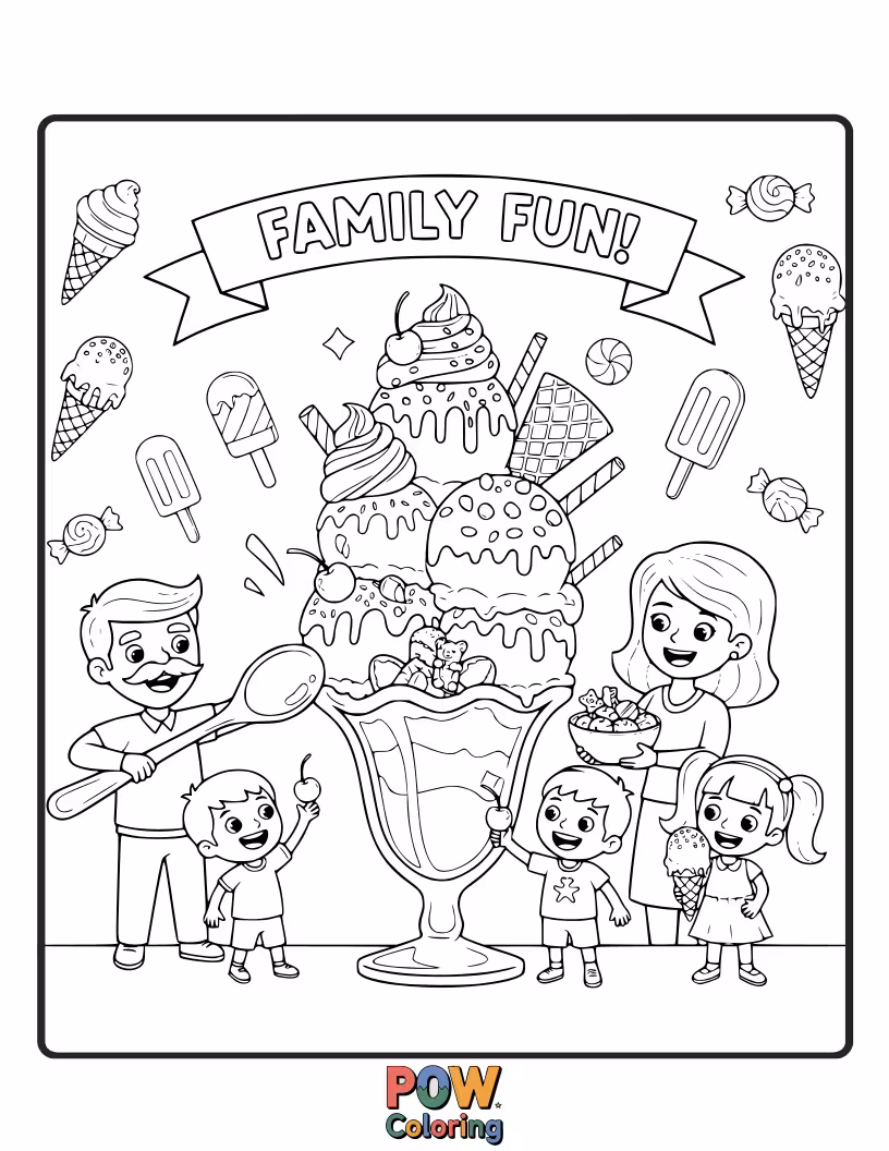 Free coloring page of A delighted family enjoying massive, overflowing ice cream sundaes with happy faces.