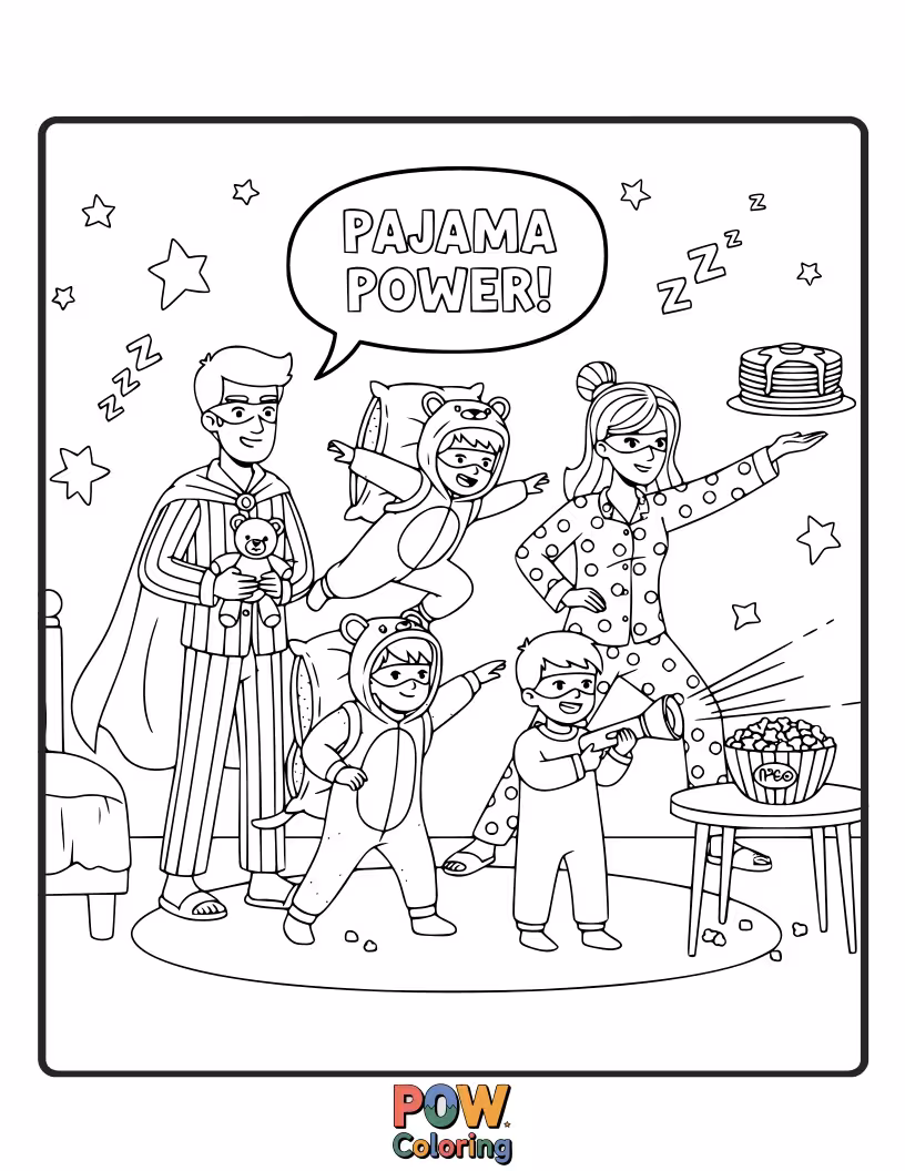 Free coloring page of Kids and parents in matching, ridiculous pajamas, striking superhero poses.