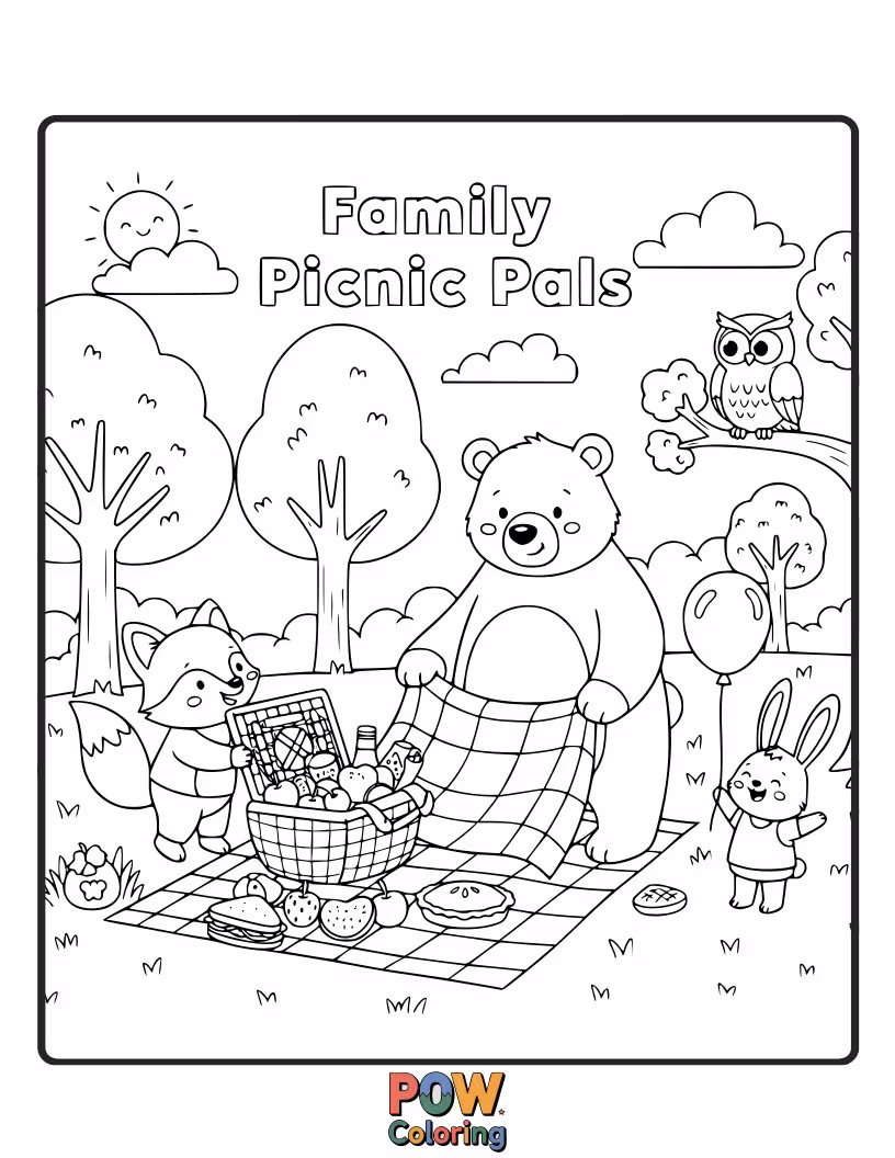 Free coloring page of A family sharing snacks with friendly woodland creatures in a sunny meadow.