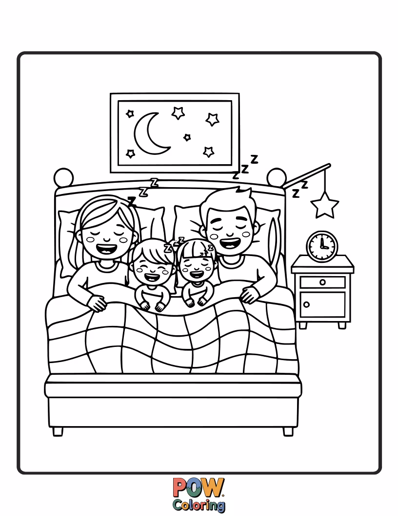 Free coloring page of A sweet scene of a family tucked in bed, dreaming of stars and moonbeams.