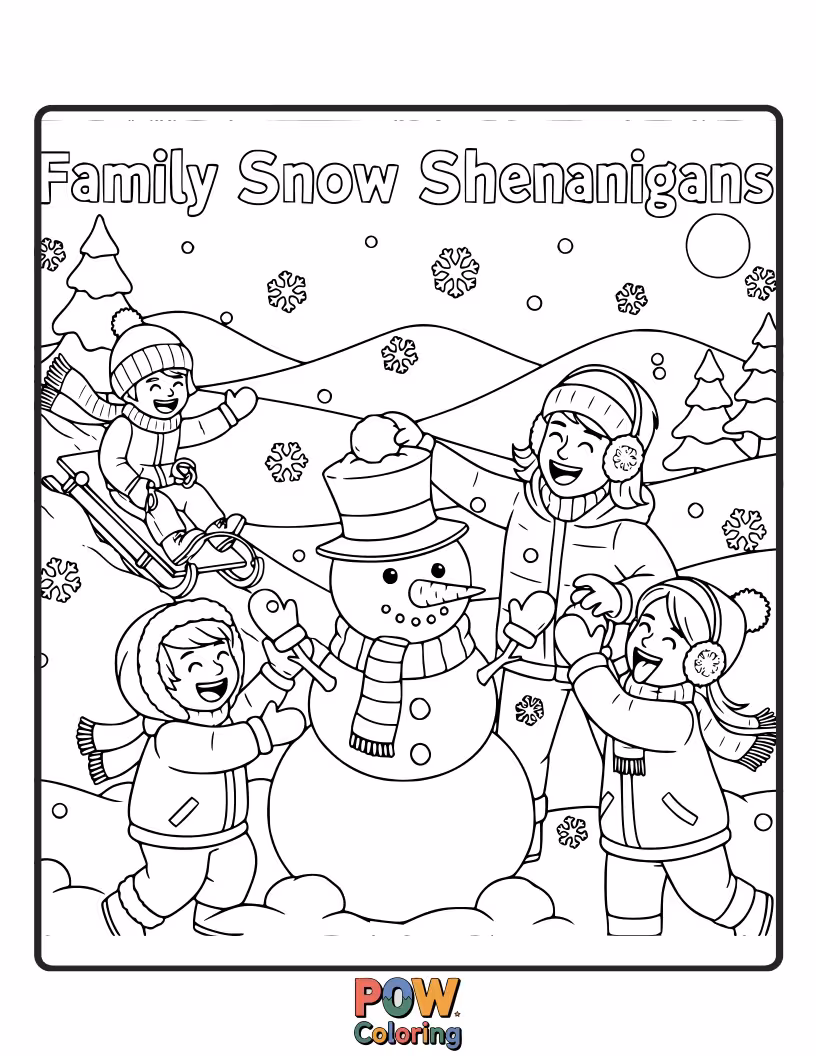 Free coloring page of A bundled-up family having snowball fights and building a snowman with a carrot nose.