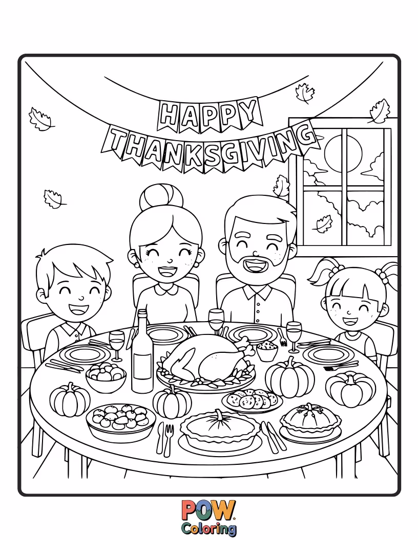 Free coloring page of A grateful family sharing a table overflowing with funny-faced food and cheerful smiles.