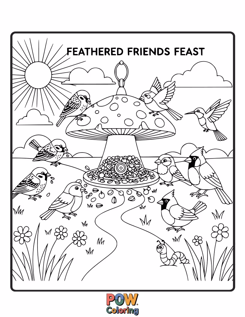 Free coloring page of A group of colorful birds gathered around a pile of seeds and berries, celebrating their Thanksgiving bounty. Nature's joy!