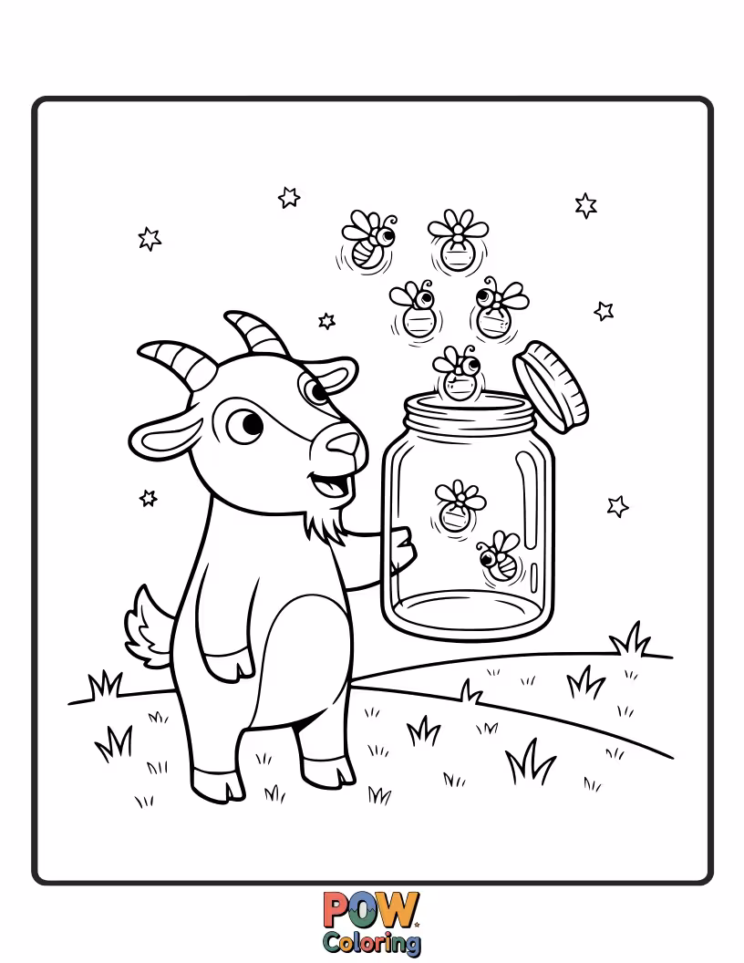 Free coloring page of A gentle goat at dusk, carefully cupping its hands to catch sparkling fireflies in a moonlit meadow.
