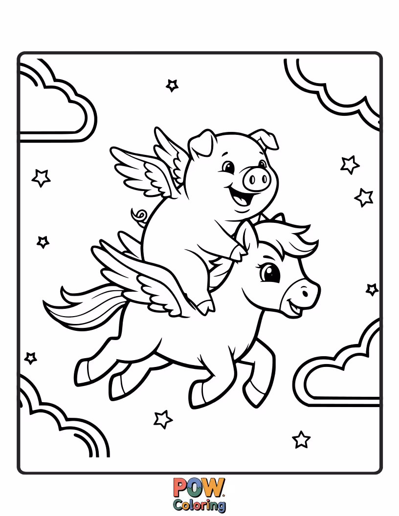 Free coloring page of A little pony giving a ride on its back to a tiny, flying pig.