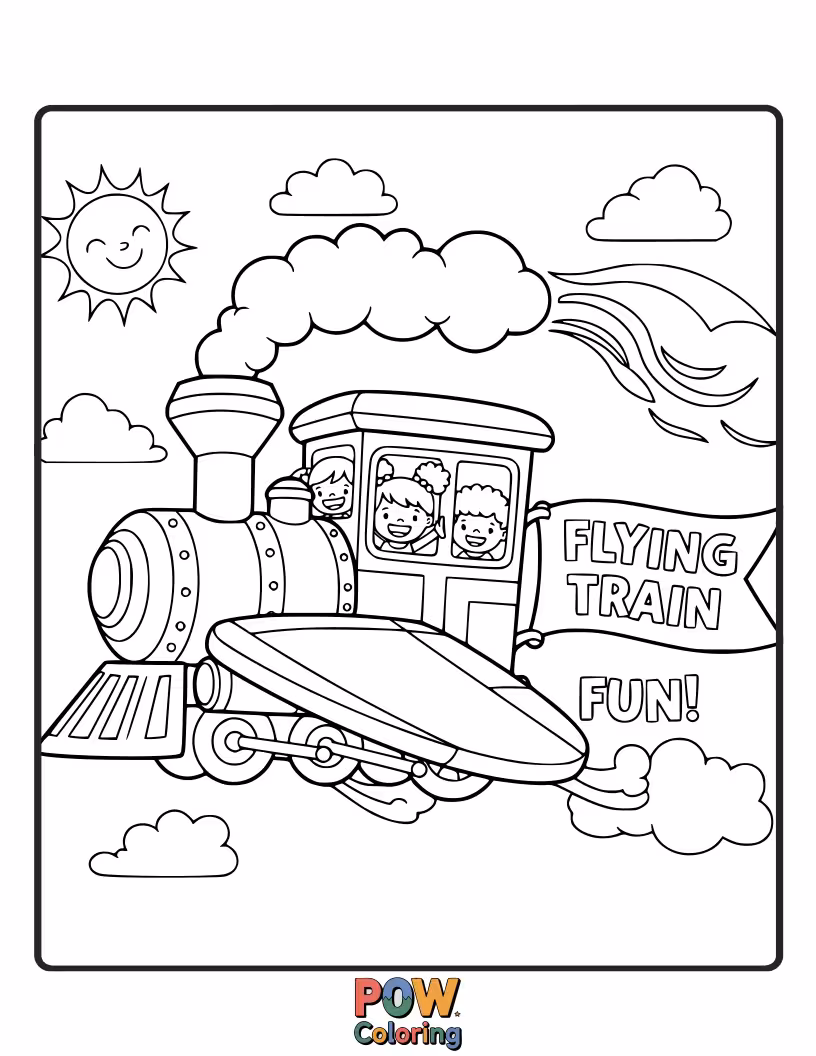 Free coloring page of A whimsical train soaring through the clouds, leaving a rainbow trail. Kids will love coloring this imaginative airborne locomotive.