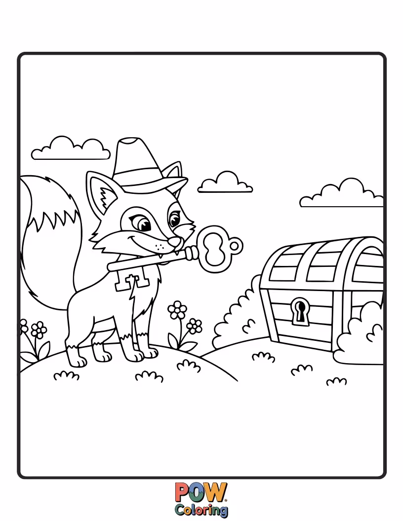 Free coloring page of A sly fox with a mischievous grin, cleverly hiding a pile of colorful Easter eggs.