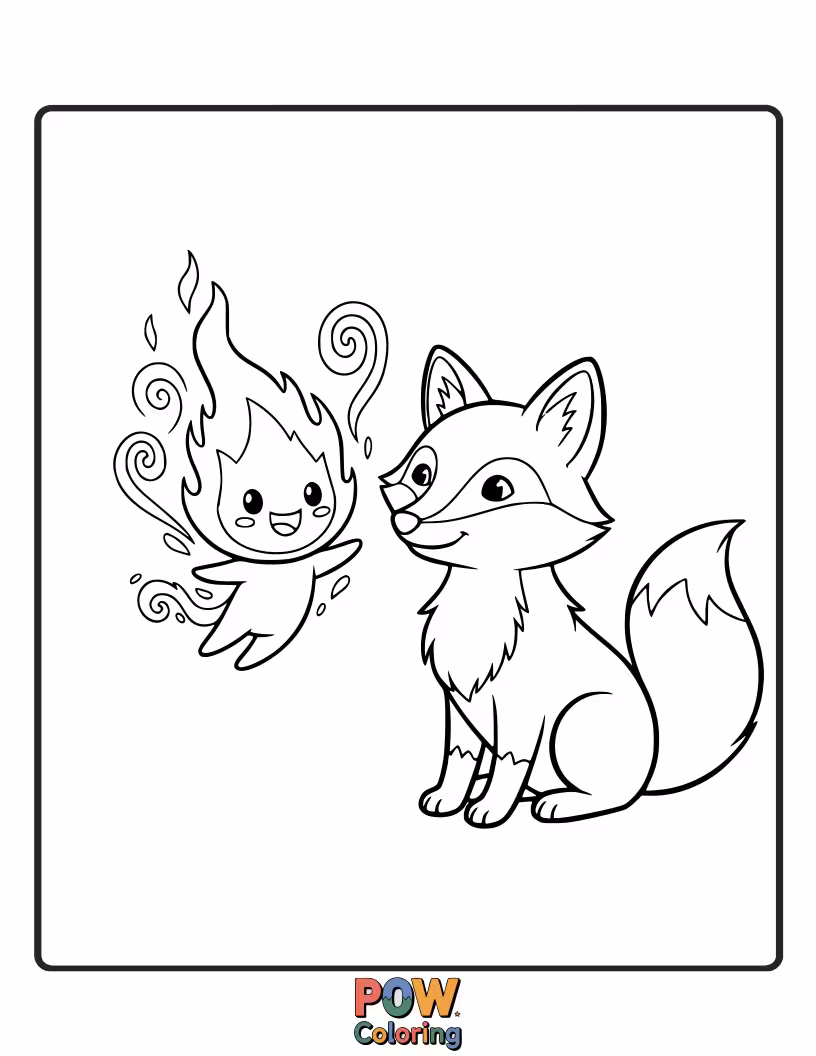 Free coloring page of A cunning fox is playing fetch with a small, friendly fire elemental created by a wizard.