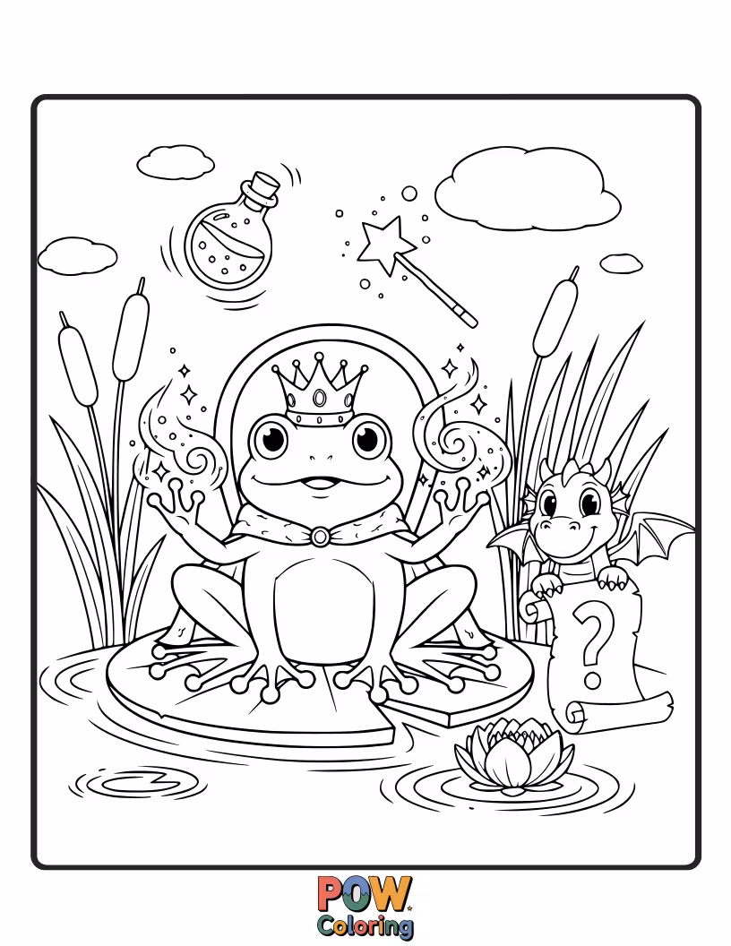 Free coloring page of A little frog wearing a tiny crown is being turned into a prince by a slightly flustered wizard.