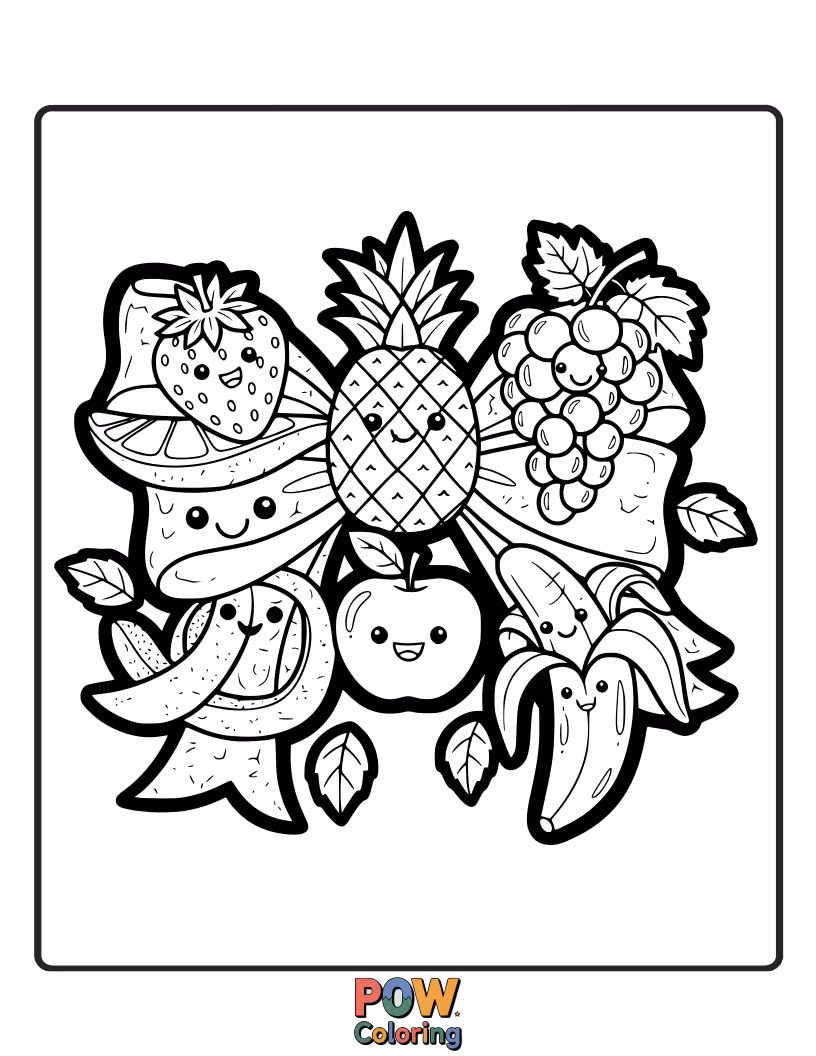Free coloring page of A vibrant bow made of cheerful fruits like strawberries, blueberries, and cheerful cherries, perfect for a sweet, playful design.