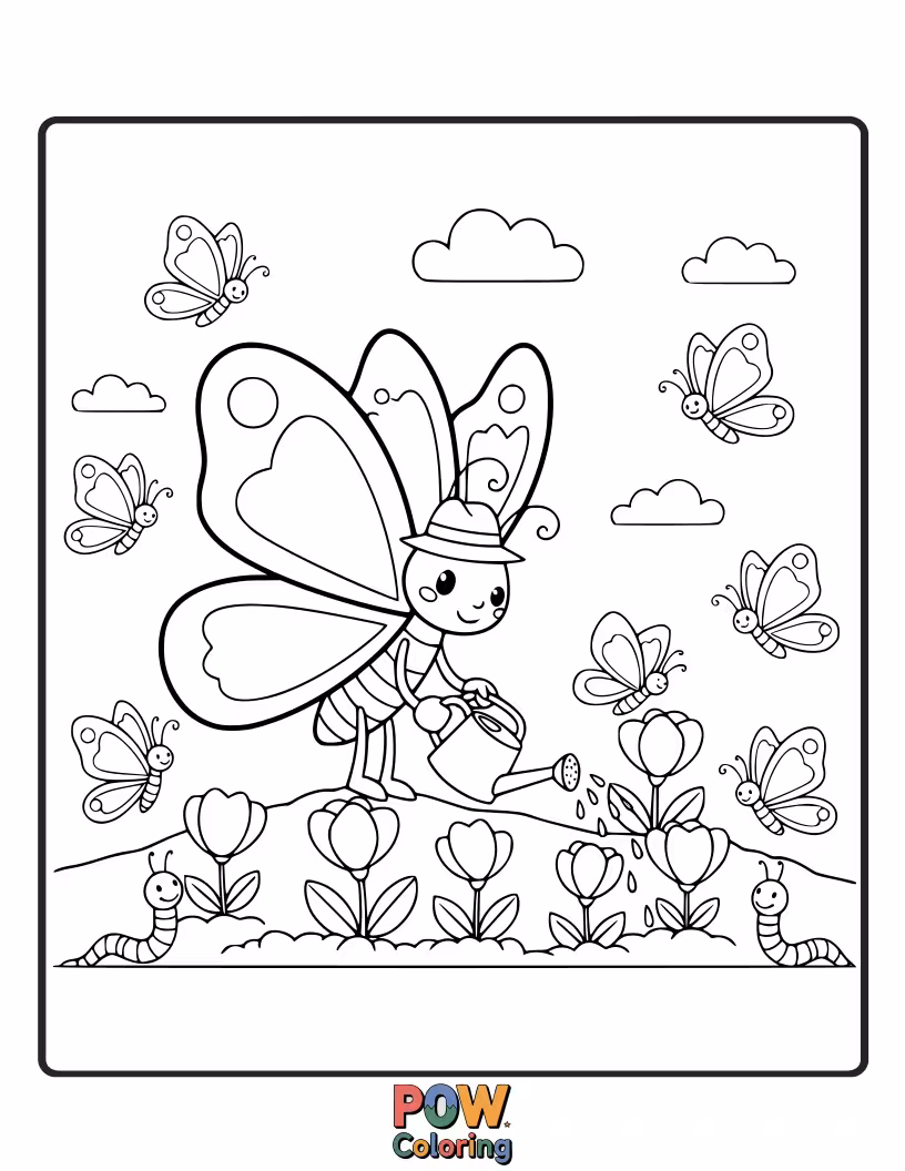 Free coloring page of A friendly butterfly with trowel-shaped wings, planting tiny seeds and helping beautiful flowers grow. Green thumb!