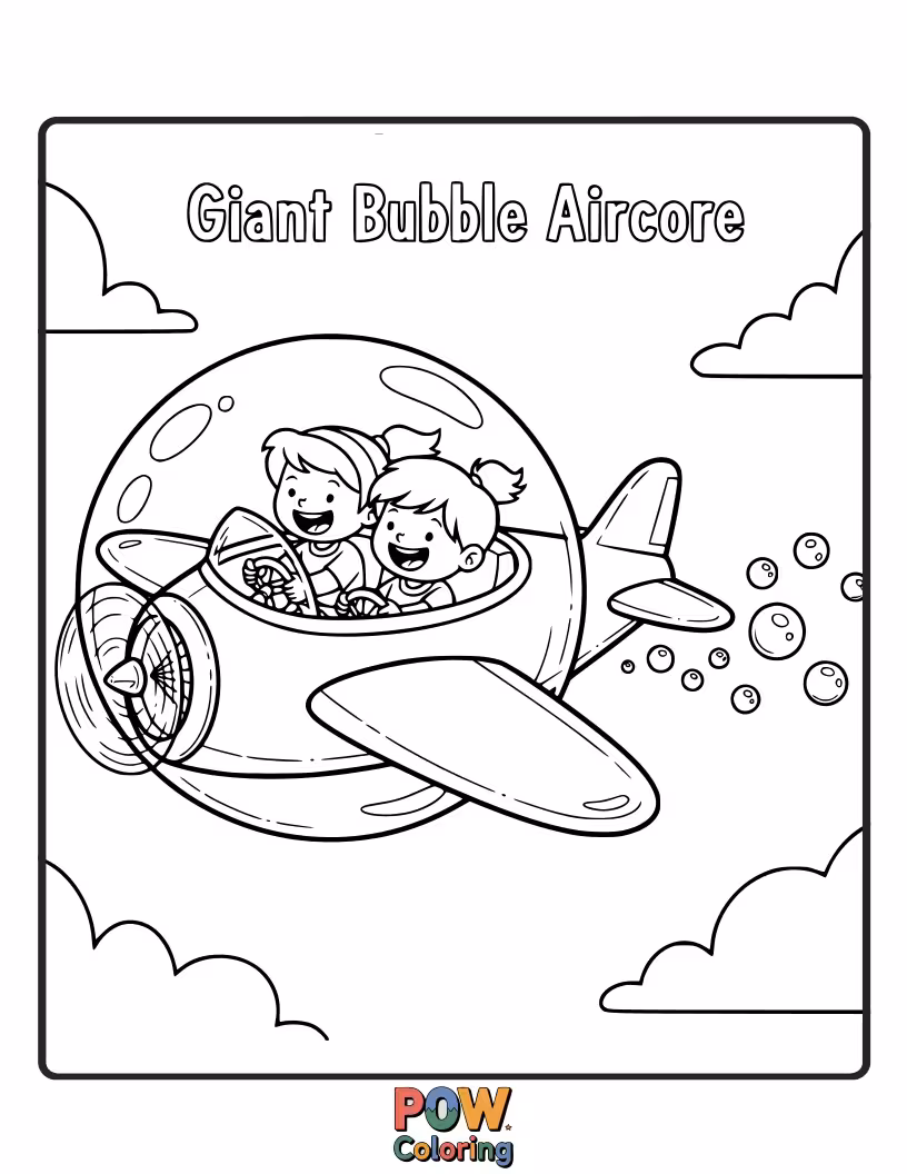 Free coloring page of A whimsical airplane floating inside a giant, iridescent bubble, drifting through a sky filled with sparkling soap suds.